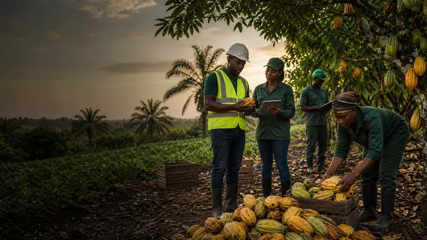 Nigerian agriculture team inspecting cocoa, oil palm and farm produce operations