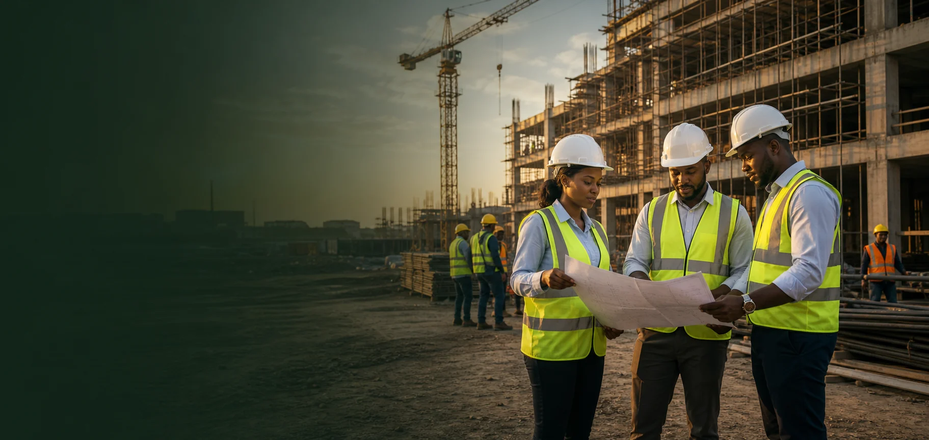 Nigerian Targus Construction professionals reviewing plans on an active building project site