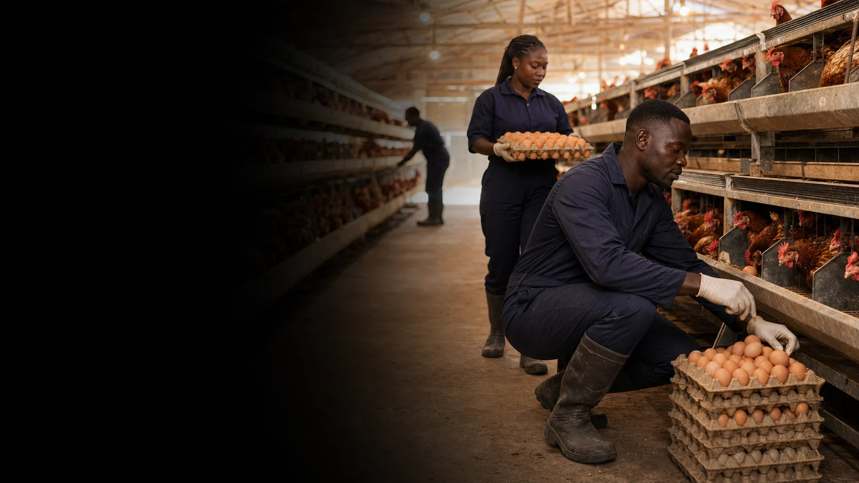 Nigerian poultry workers collecting eggs inside a modern layer house